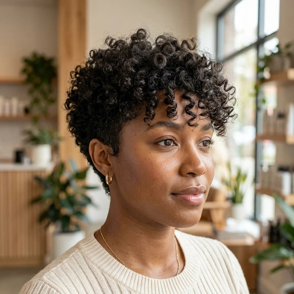 Black woman wearing a curly pixie haircut with a soft fringe