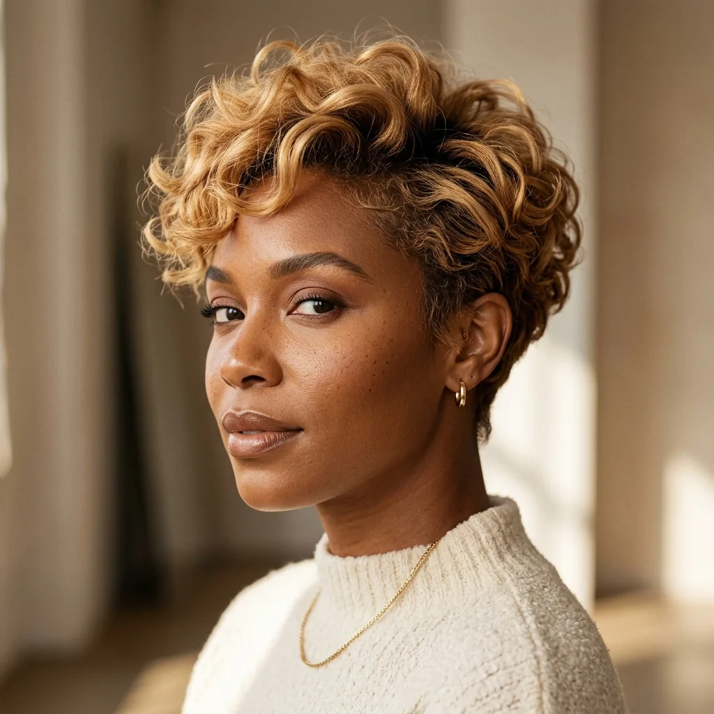 Black woman wearing a honey-blonde pixie haircut