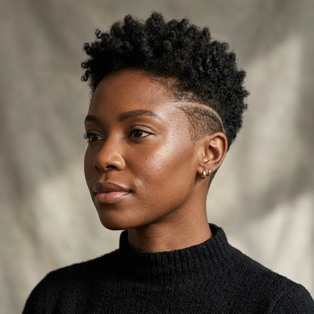 Black woman wearing a pixie haircut with a shaved side detail