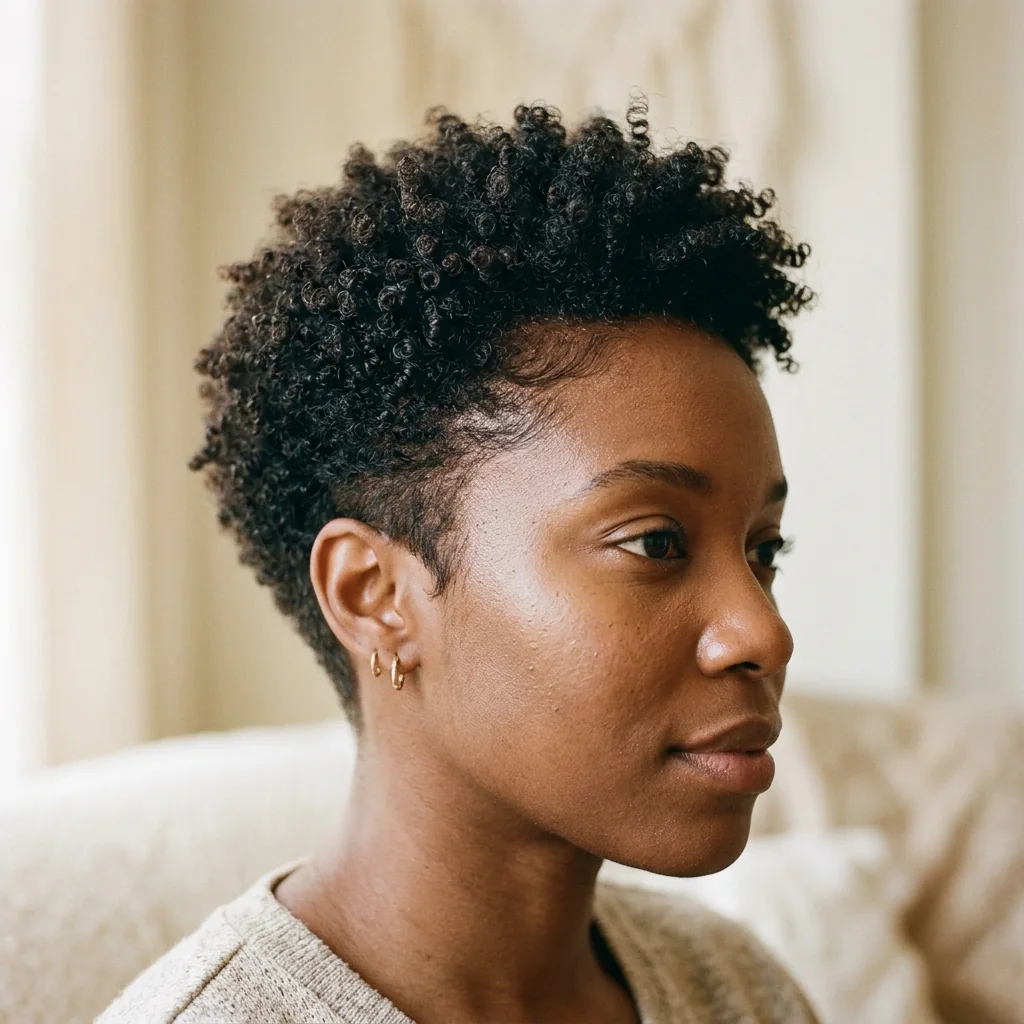 Black woman wearing a short coily pixie haircut