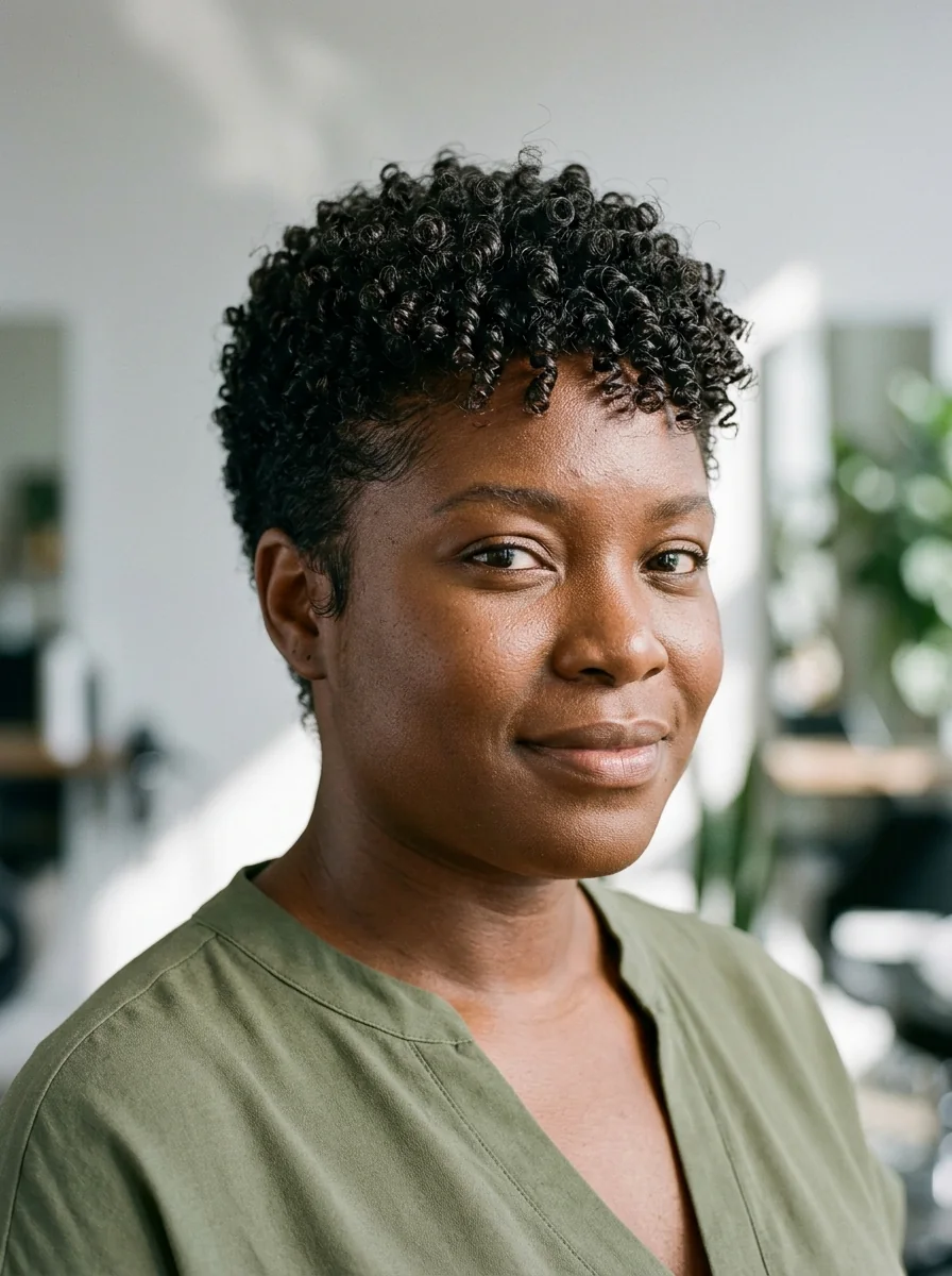 Black woman wearing a finger-coiled tapered pixie hairstyle