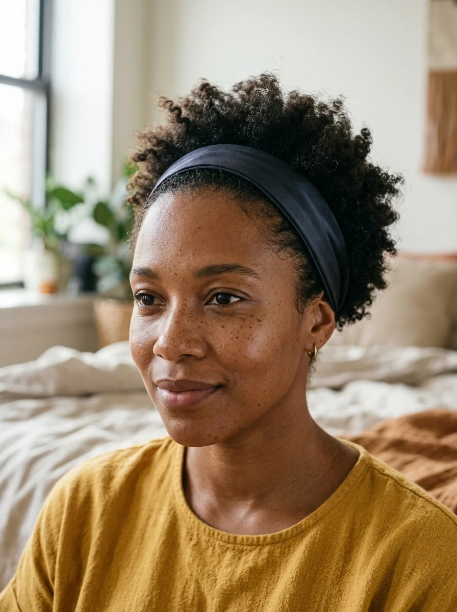 Black woman wearing a low-profile headband pixie hairstyle