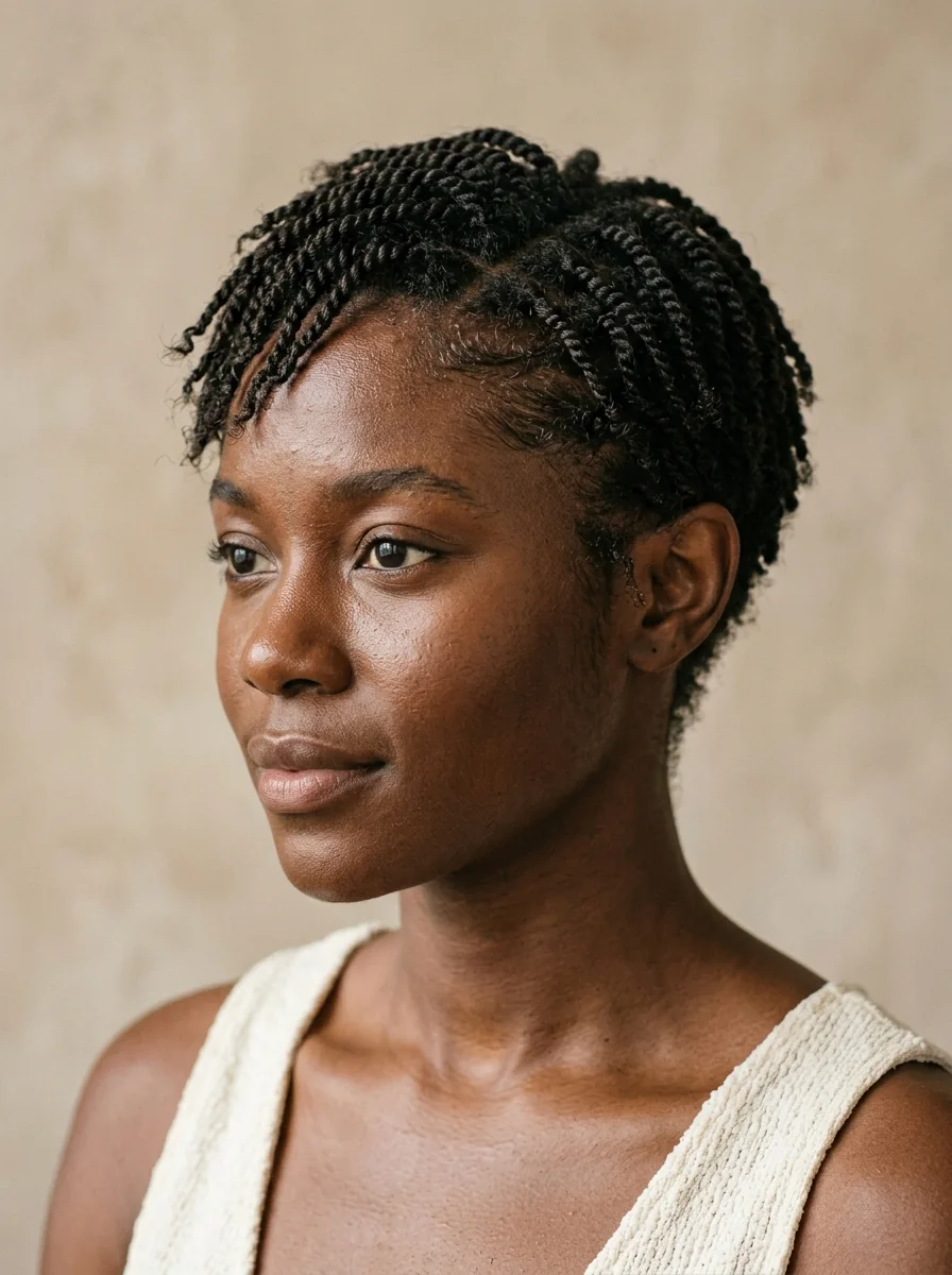 Black woman wearing a mini two-strand twist pixie hairstyle