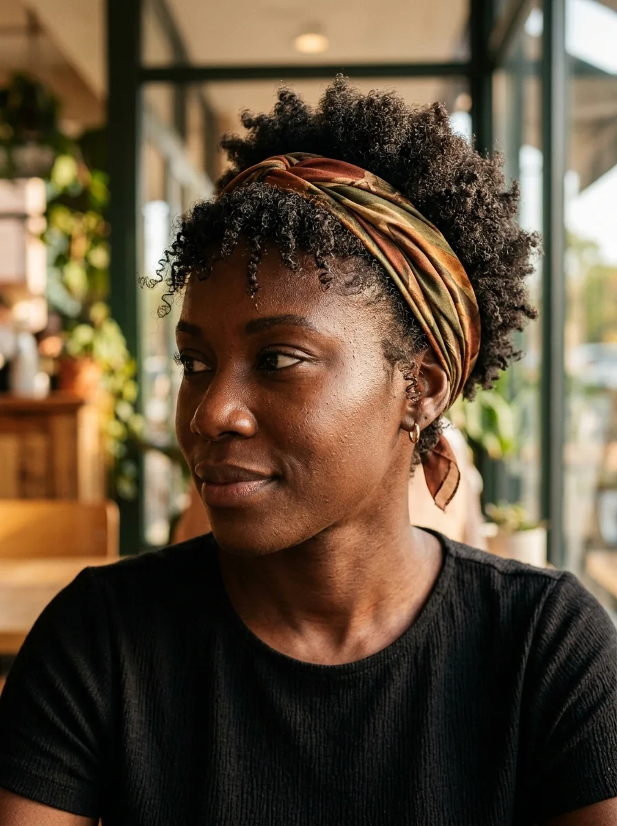 Black woman wearing a satin-wrapped pixie wave