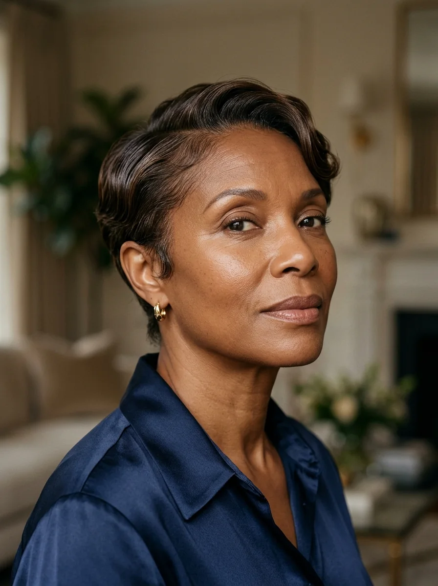 Black woman wearing a scarf-tied textured pixie hairstyle