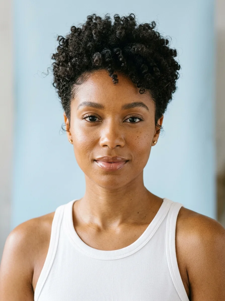 Black woman wearing a sponge-coil tapered pixie hairstyle
