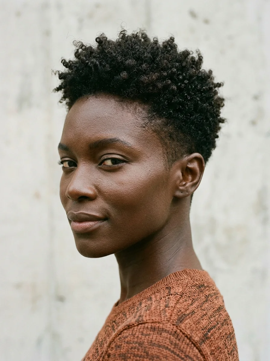 Black woman wearing a tapered wash-and-go pixie hairstyle
