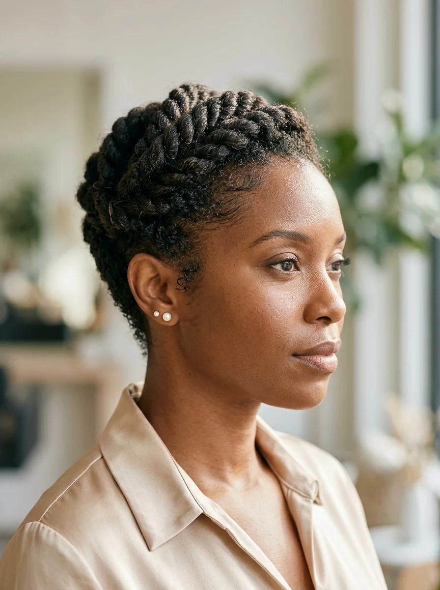 Black woman wearing a twist-and-tuck pixie hairstyle