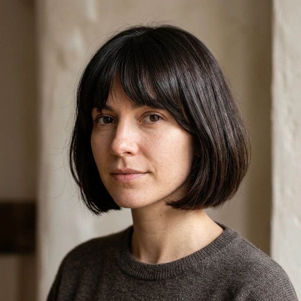 Woman wearing an espresso French bob with full fringe