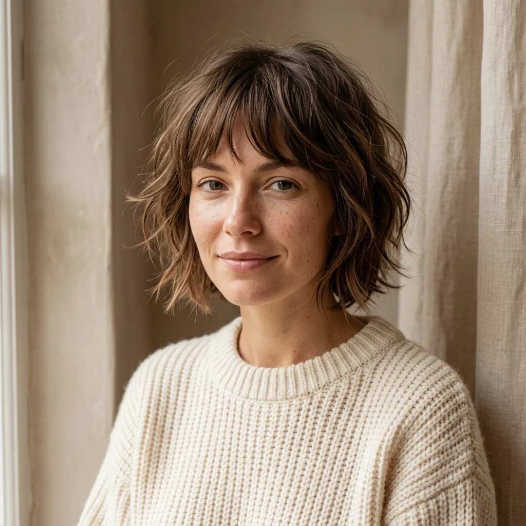 Woman wearing a short shag with air-dried texture