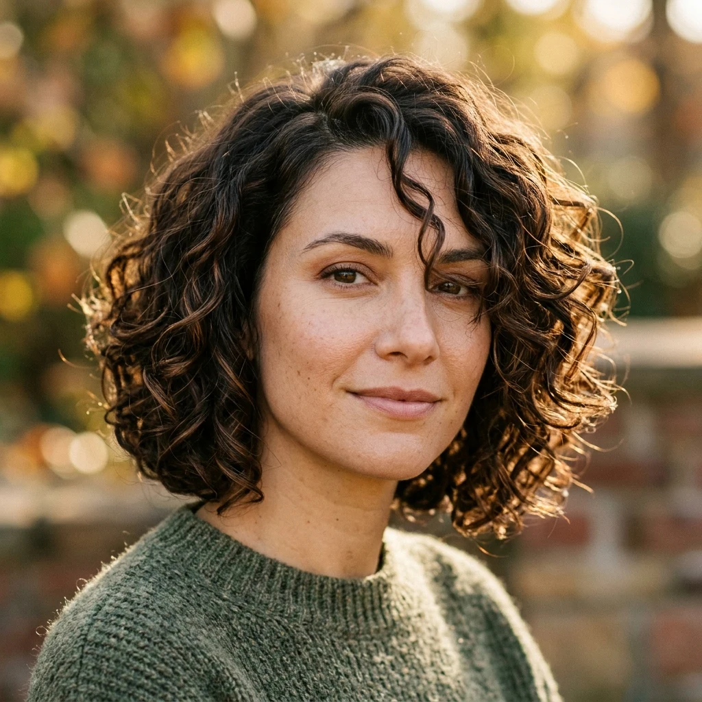 Woman wearing a curly bob with defined volume