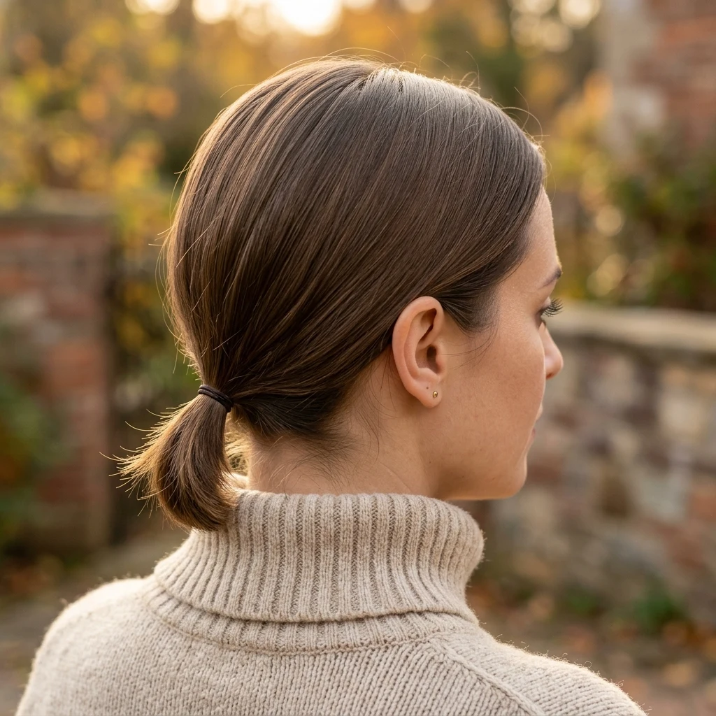 Short hair styled in a low mini ponytail with a center part