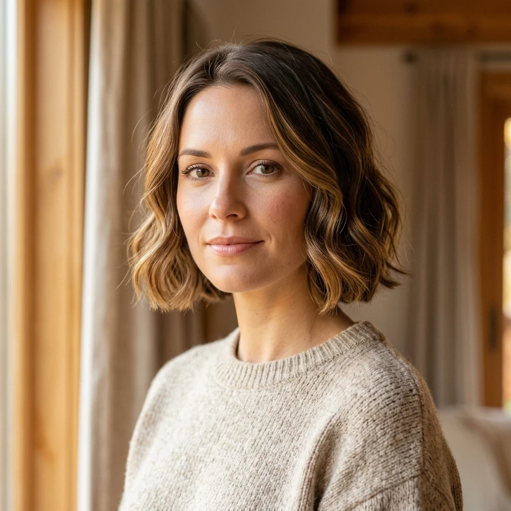 Woman wearing a polished jaw-length bob with warm highlights