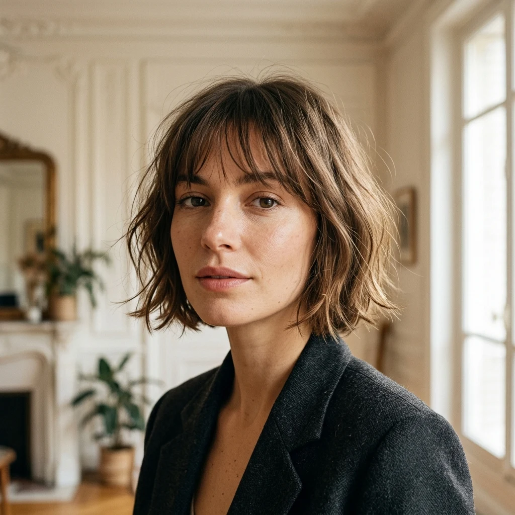 Woman wearing a textured French bob with a wispy fringe