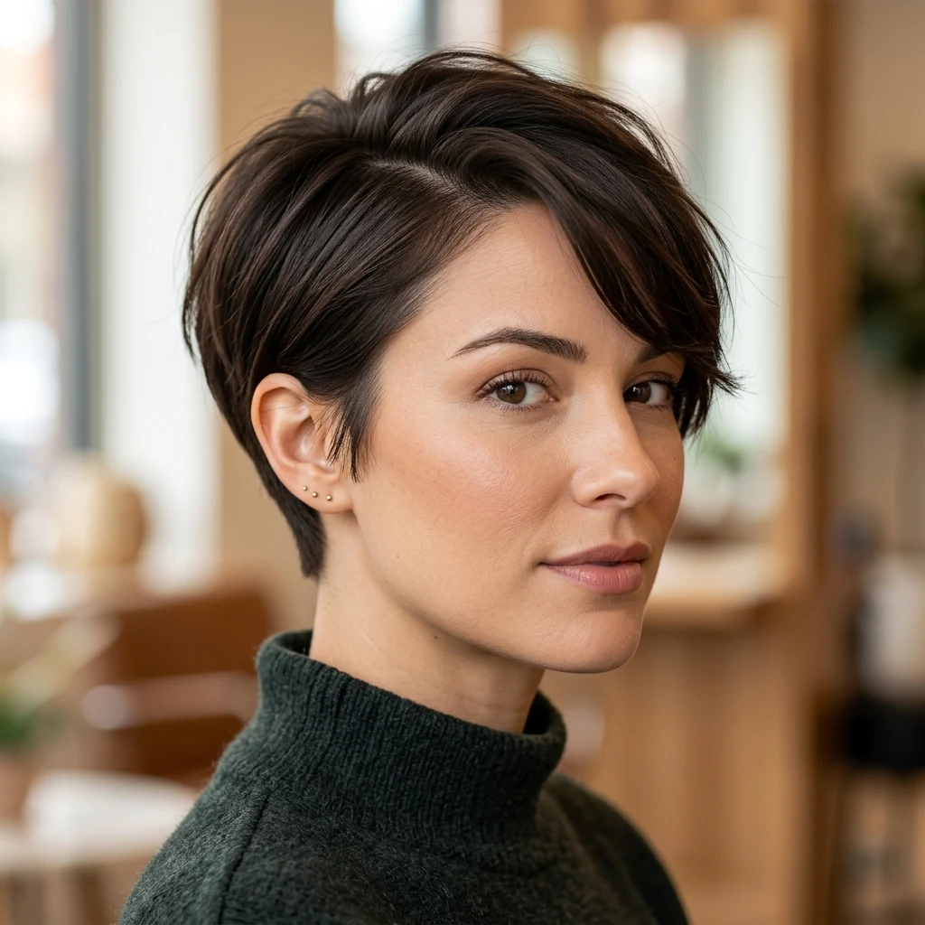 Woman wearing a side-parted pixie haircut with a longer top