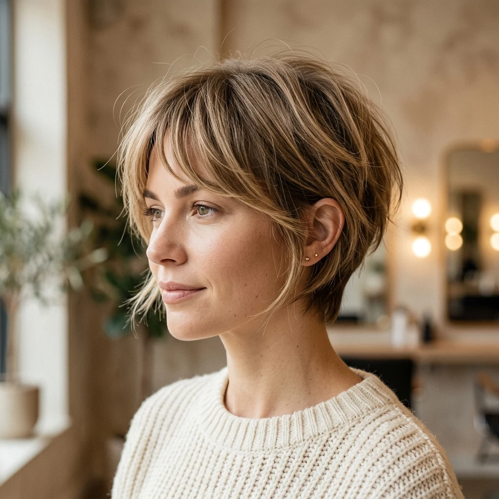 Woman wearing a soft bixie haircut with a feathered crown