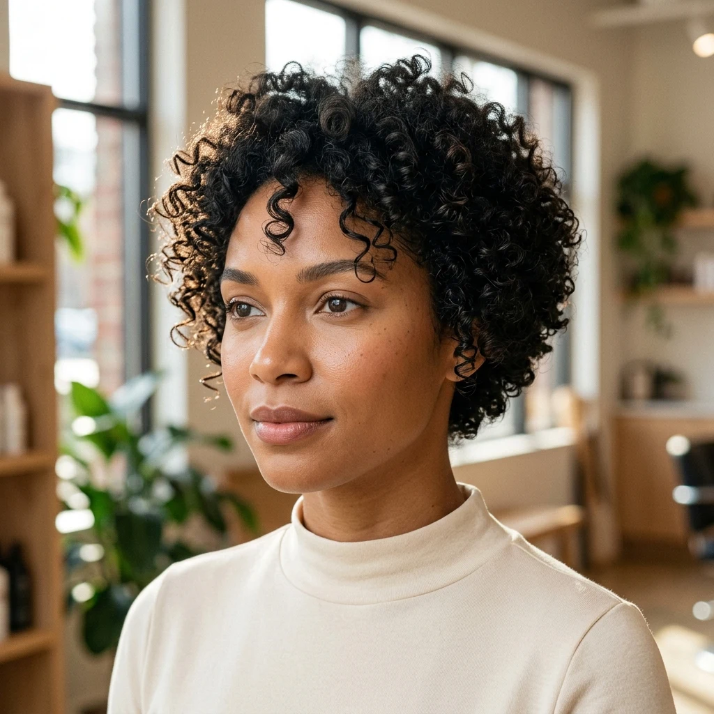 Woman wearing a rounded curly crop with soft volume at the crown