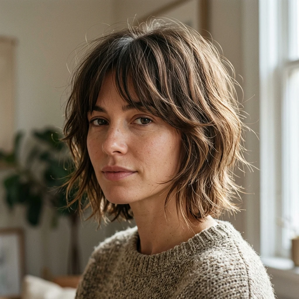 Woman wearing a short shag haircut with airy layers