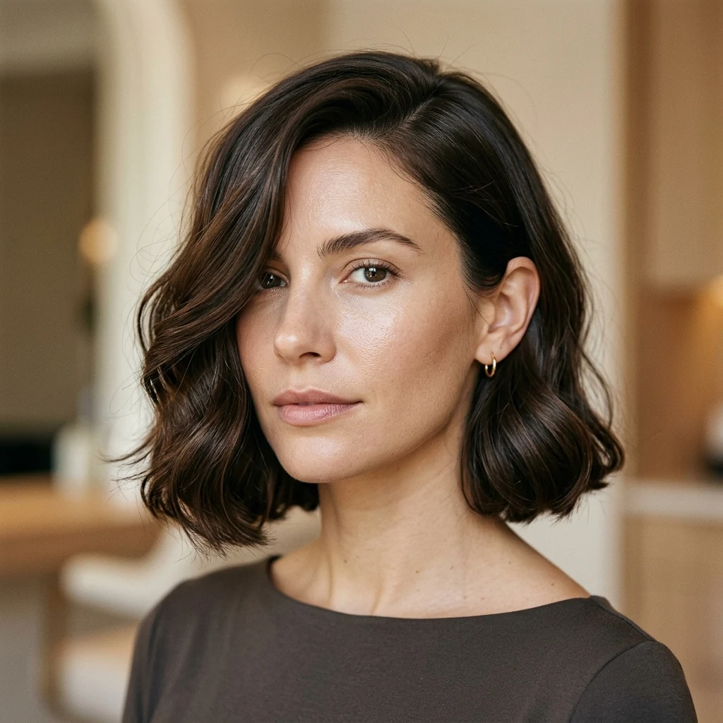 Woman wearing a wavy bob with a deep side part