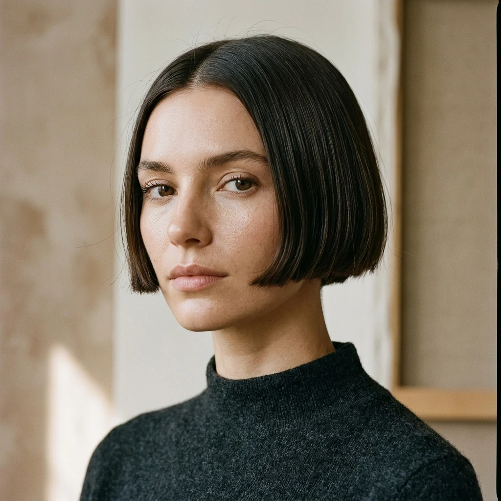 Woman wearing a micro bob with a clean center part