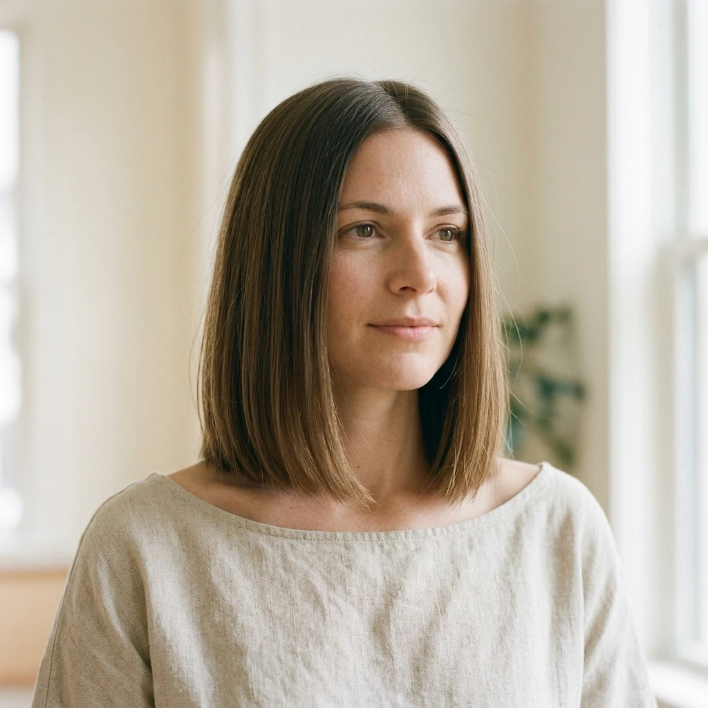Woman wearing a sharp collarbone-length lob haircut