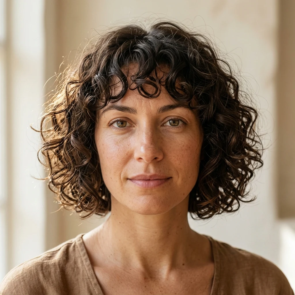 Woman wearing a curly French bob with rounded fringe