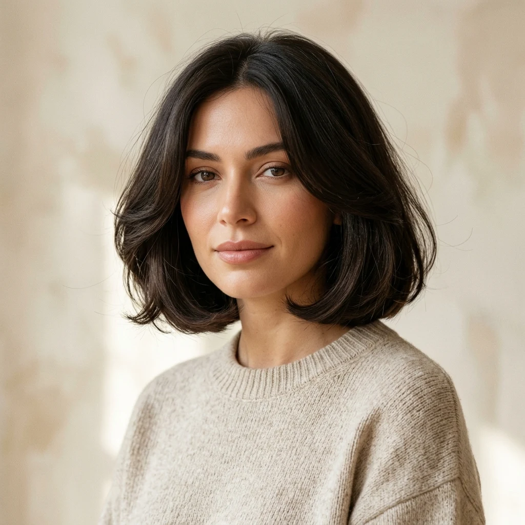 Woman wearing a jaw-length bob with internal layers