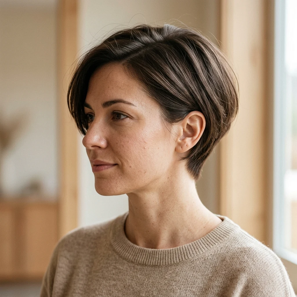Woman wearing a pixie bob with tapered sides