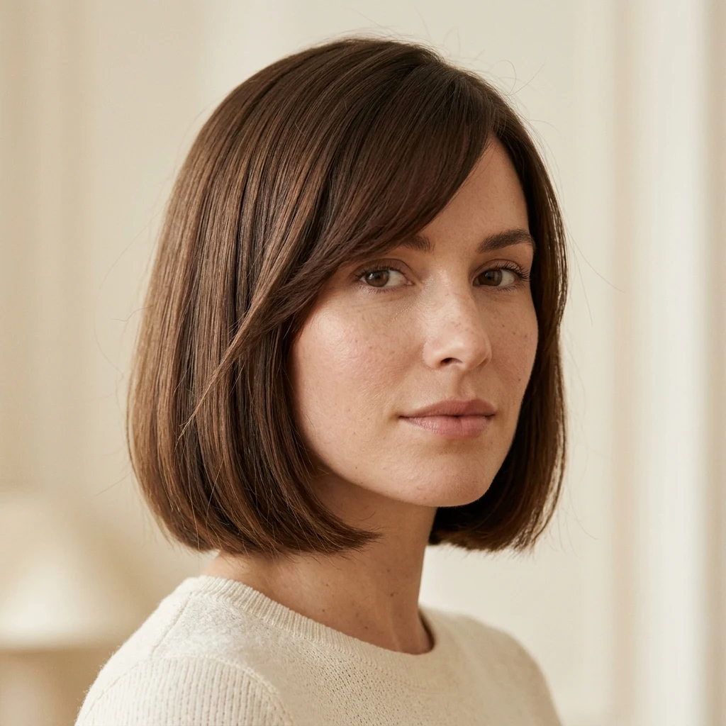 Woman wearing a chin bob with side-swept fringe