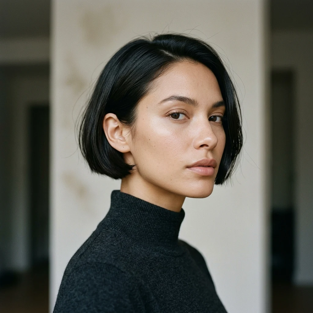 Woman wearing a blunt micro bob with gently curved ends