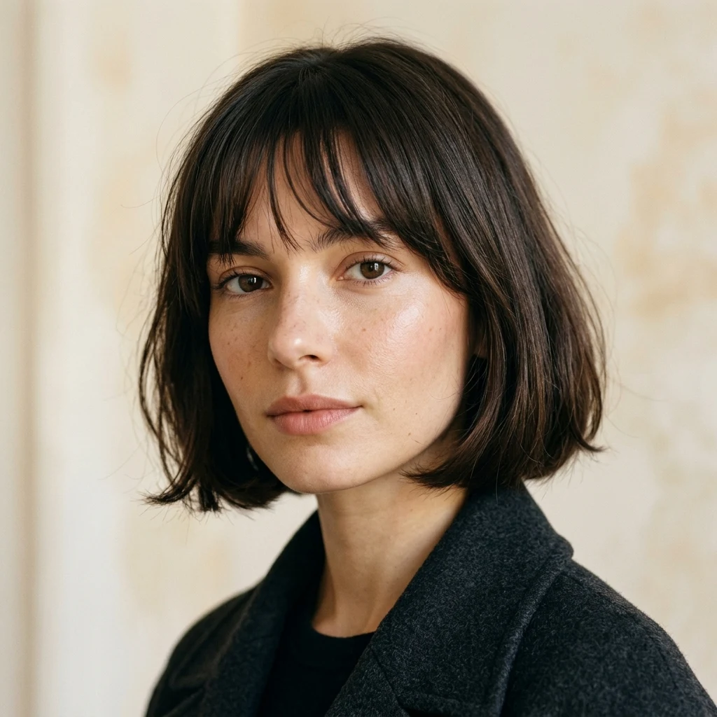 Woman wearing a French bob with a soft feathered fringe
