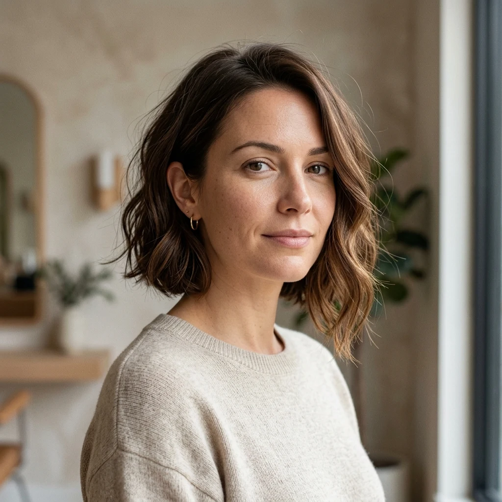Woman wearing an asymmetrical bob with soft waves