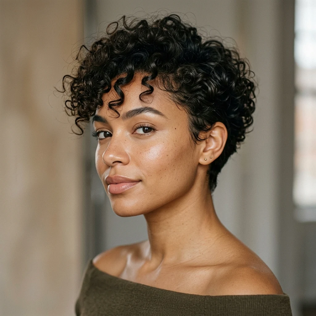 Woman wearing a curly pixie haircut with volume on top