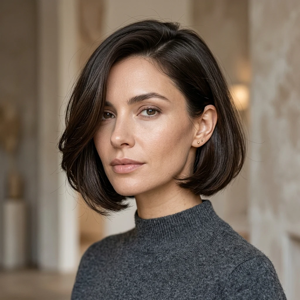 Woman wearing a sculpted bob with a deep side part