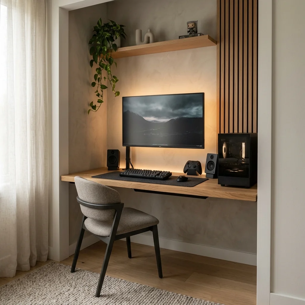 Compact gaming setup with a floating wooden desk fitted into a bright alcove