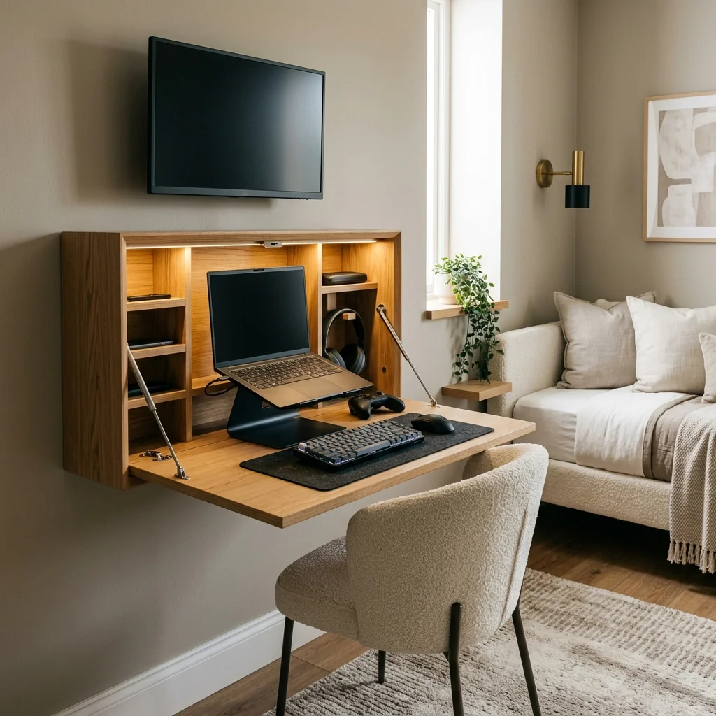 Fold-down wooden wall desk with a gaming laptop in a shared living space