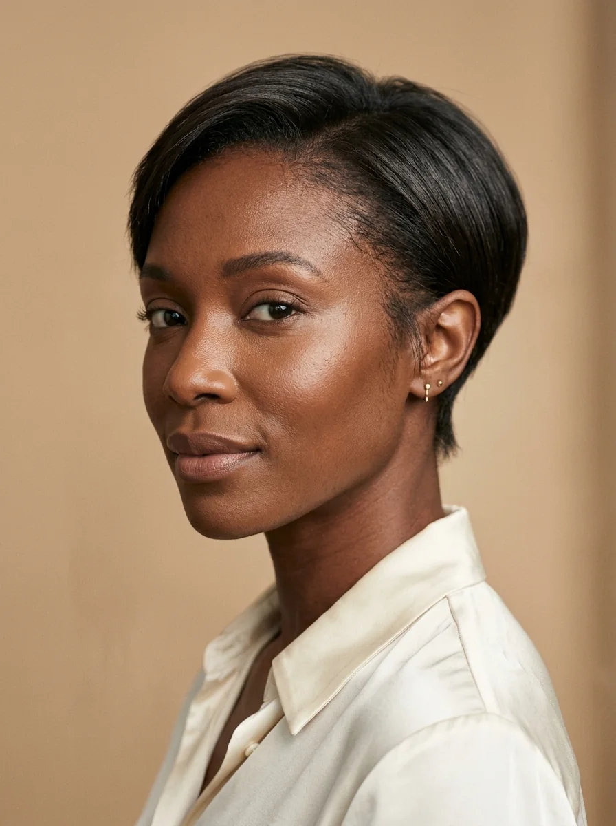 Black woman wearing a classic tapered straight pixie hairstyle