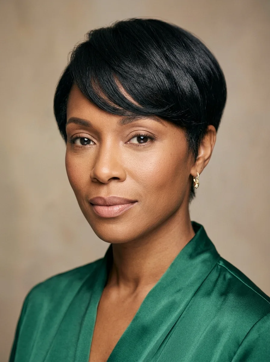Black woman wearing a sculpted straight pixie with a curved fringe