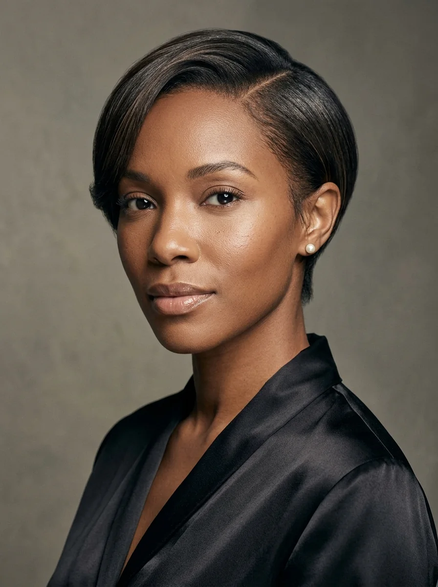 Black woman wearing a sleek side-parted pixie hairstyle