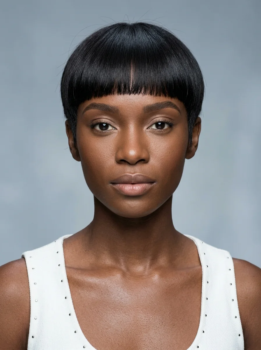 Black woman wearing a straight pixie with a blunt fringe