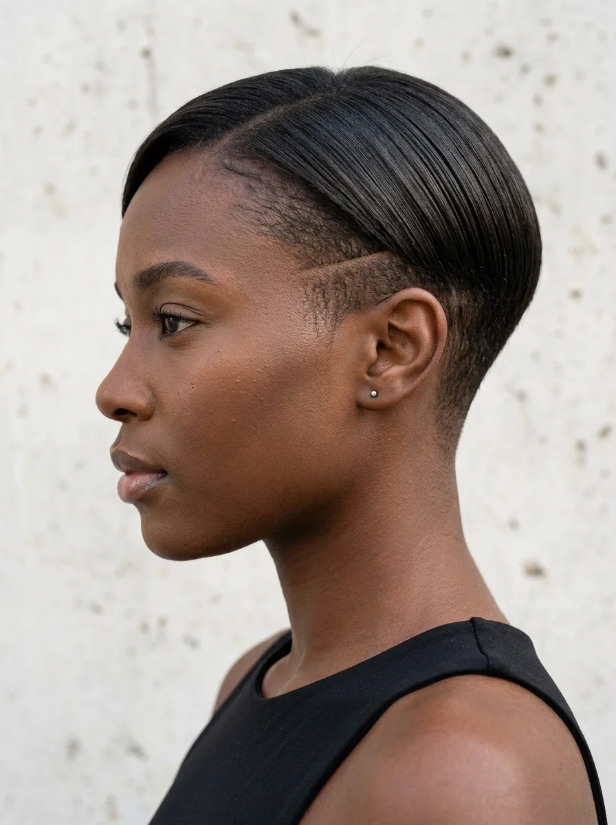 Black woman wearing a straight pixie with a shaved line