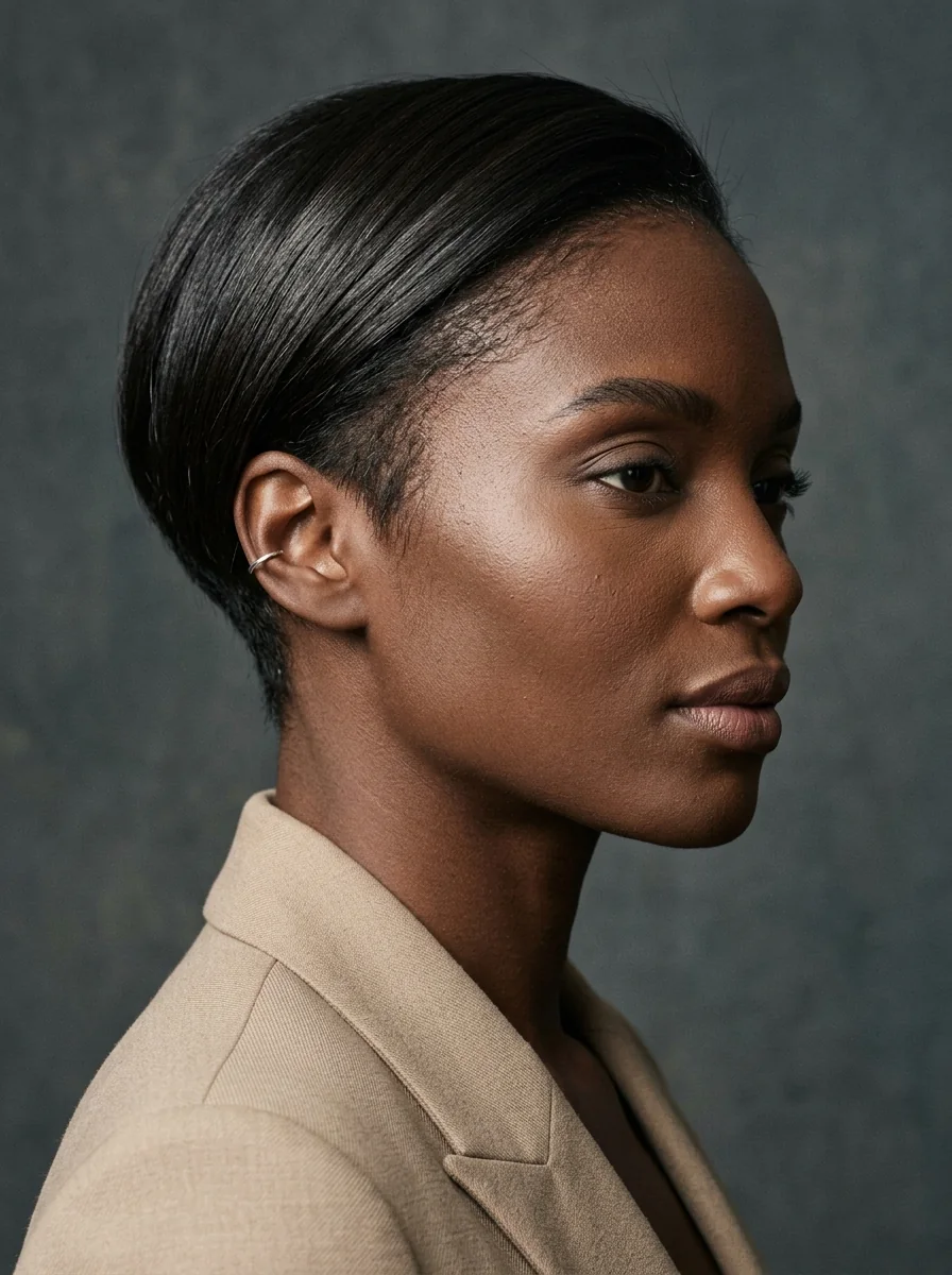 Black woman wearing a straight pixie with a soft undercut