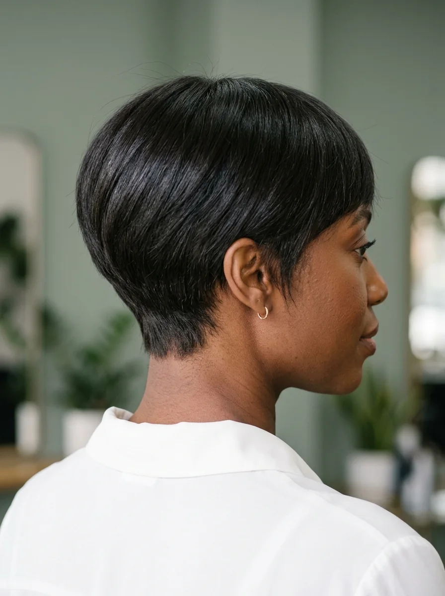 Black woman wearing a straight pixie with a tapered nape