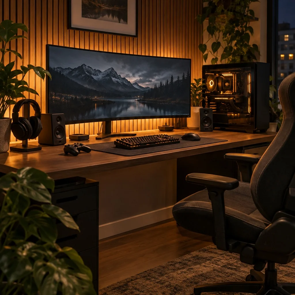 Warm gaming desk with a wide monitor against a dark wood slat accent wall