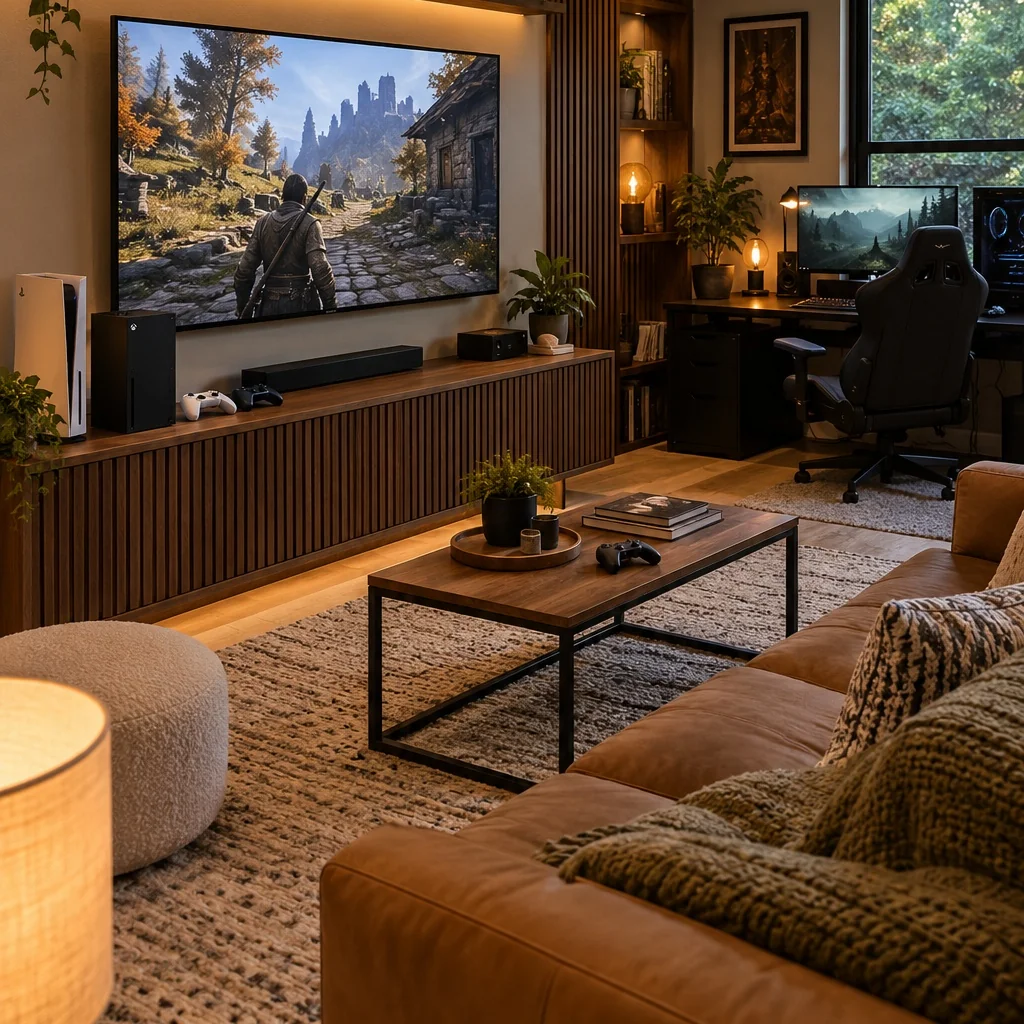 Cozy living room gaming space with a wall-mounted television and wooden media console