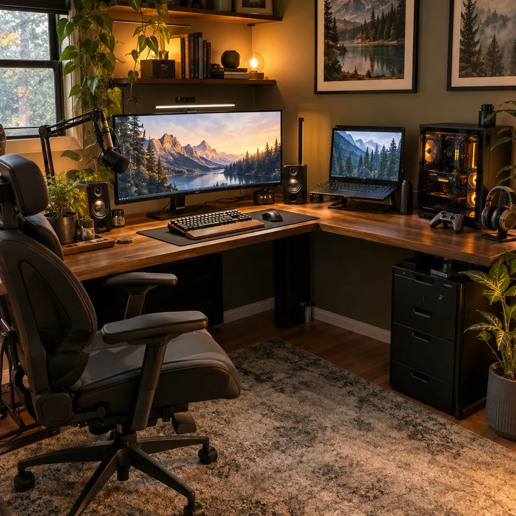 L-shaped wooden gaming desk with monitor, laptop, microphone, and ergonomic chair