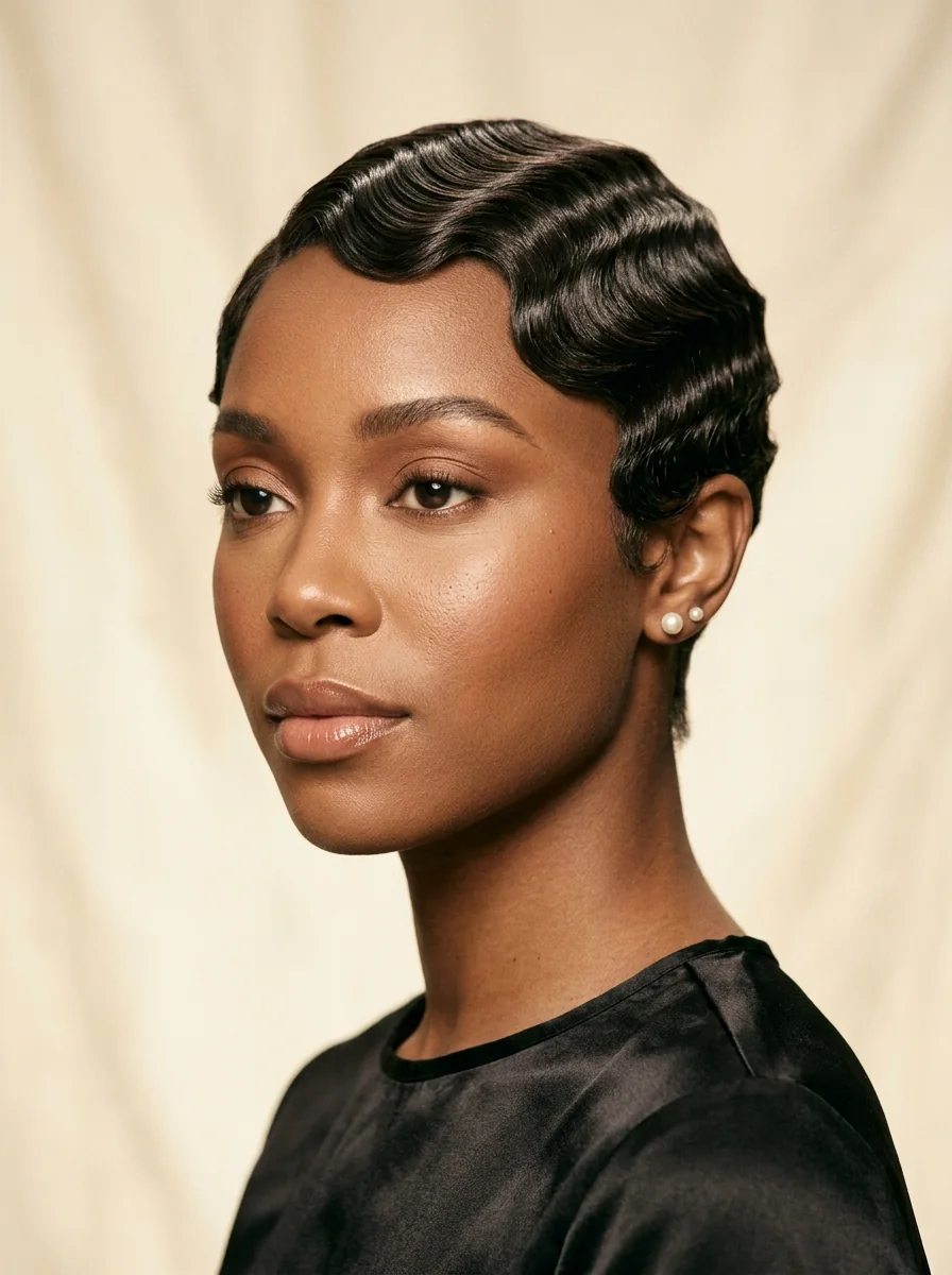 Black woman wearing a brushed-back wavy pixie hairstyle