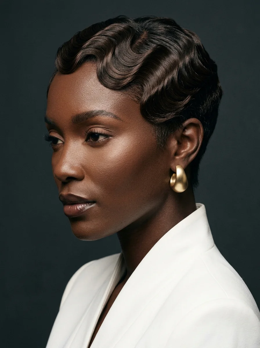 Black woman wearing a classic finger-wave pixie hairstyle