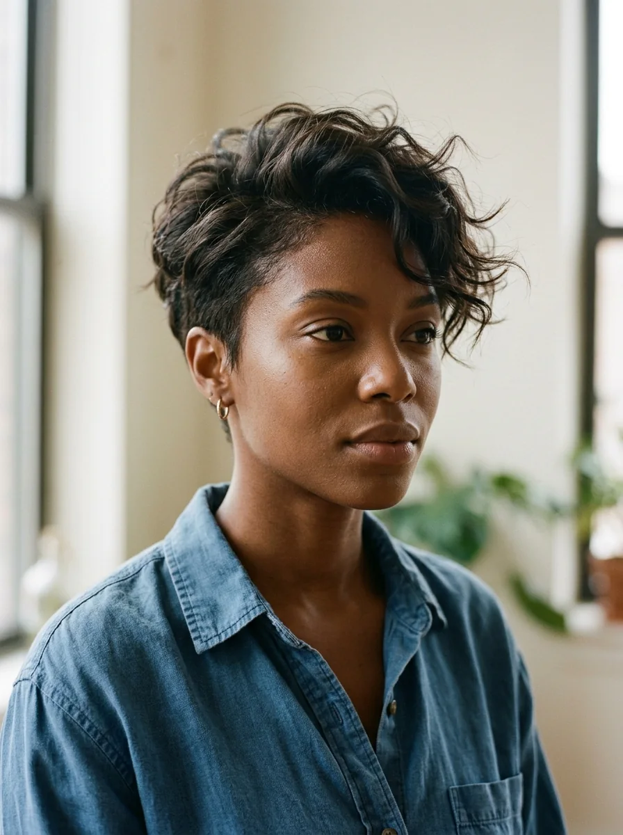 Black woman wearing a low taper pixie with crown waves