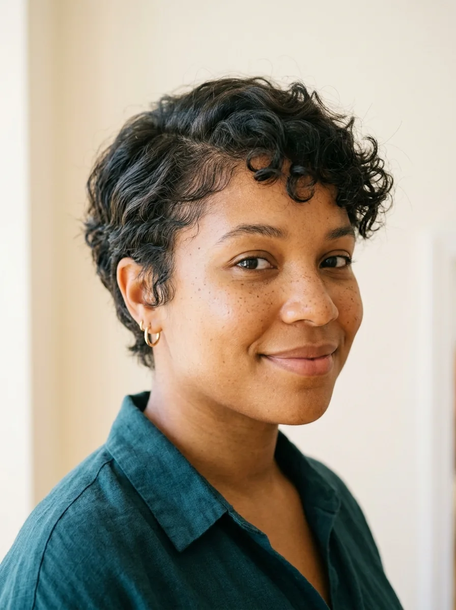 Black woman wearing a tousled crown pixie hairstyle